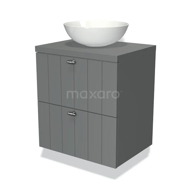 Grijze badkamerkast met twee lades, keramische komvormige wastafel en verticale lijnen, ideaal voor moderne badkameropslag.