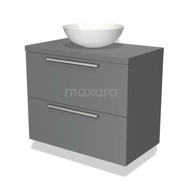Grijze badkamerkast met twee lades en witte waskom, modern design van hout voor een stijlvolle badkamerindeling.