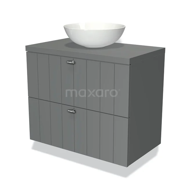 Grey wooden bathroom furniture set with ribbed pattern, two drawers and white ceramic basin, sleek modern design.