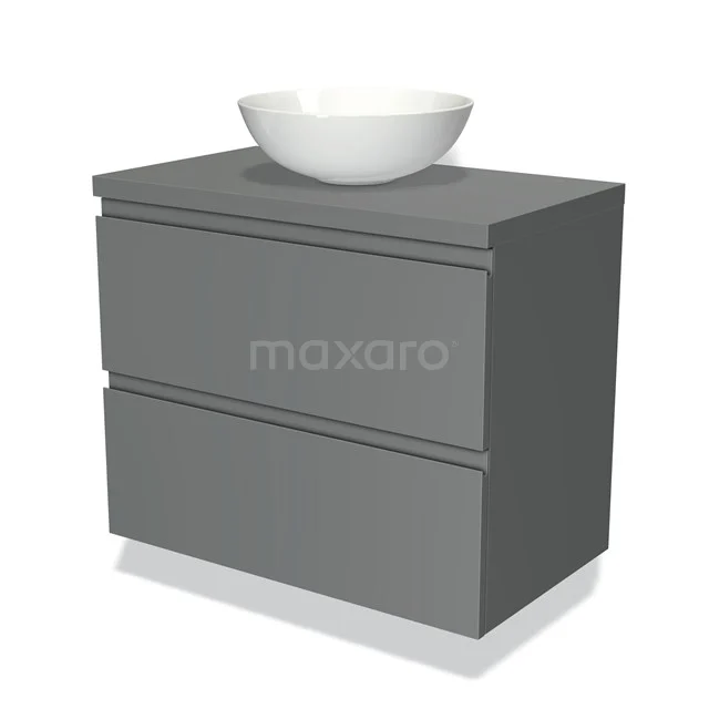 Grijze badkamerkast met twee lades en witte waskom, moderne uitstraling, perfect voor een stijlvolle en strakke badkamerinrichting.