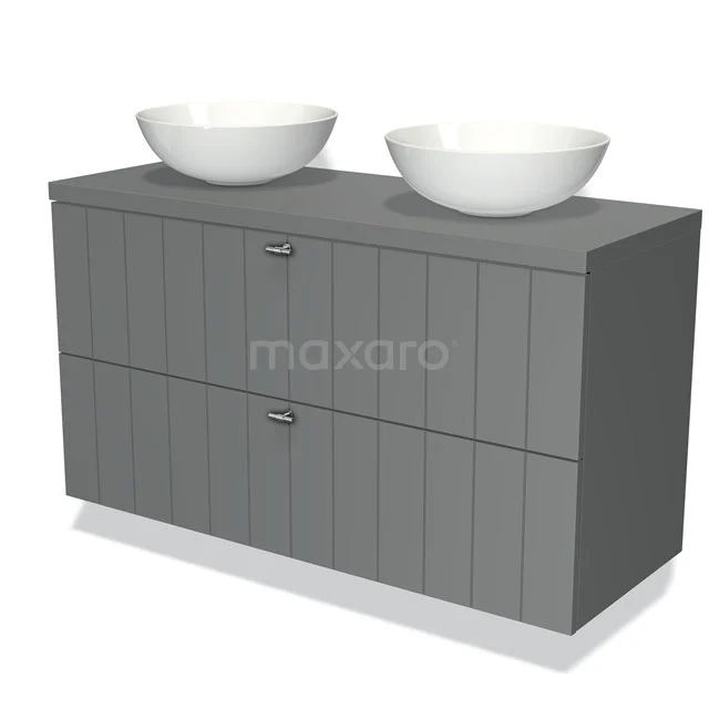 Grey wooden bathroom unit with two white vanity units for countertop wash basins, ideal for a modern bathroom design.