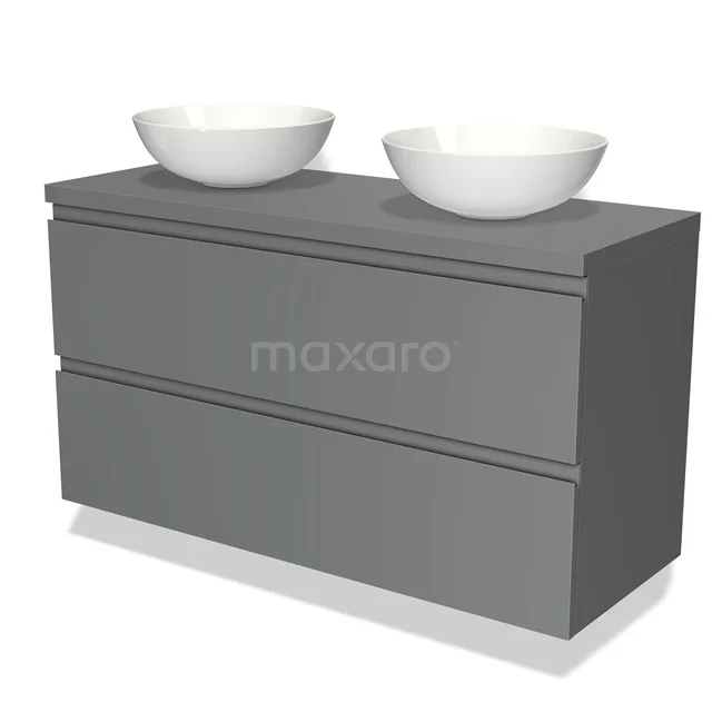Grey bathroom unit with two white ceramic vanity units for countertop wash basins, modern design and clean lines for a stylish bathroom.