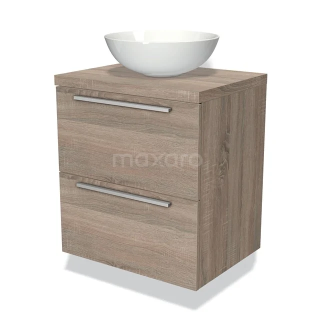 Houten badkamermeubel met wastafel, compact design in eiken-look, twee lades met metalen grepen, ideaal voor moderne badkamers.
