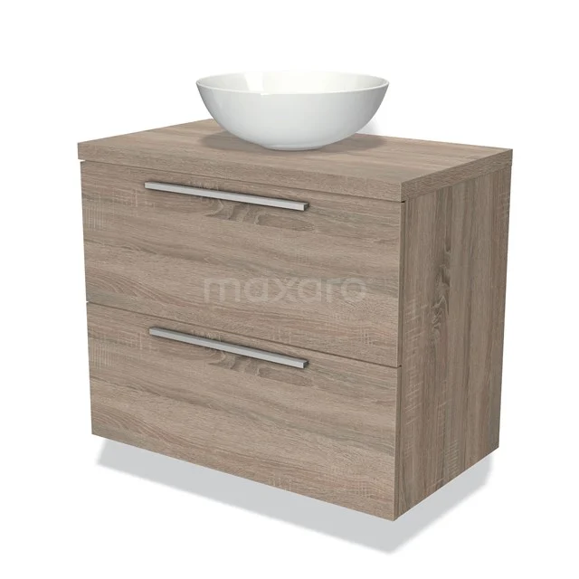 Holz Badezimmermöbel mit Aufsatzwaschbecken, helle Eiche Farbe, zwei metallische Haltegriffe, kompaktes Design für moderne Bäder.