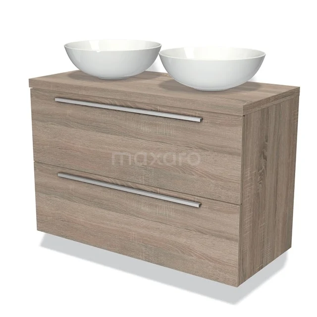 Houten badkamermeubel met twee witte waskommen, modern design, twee laden en handgrepen; ideaal voor een stijlvolle badkamer.