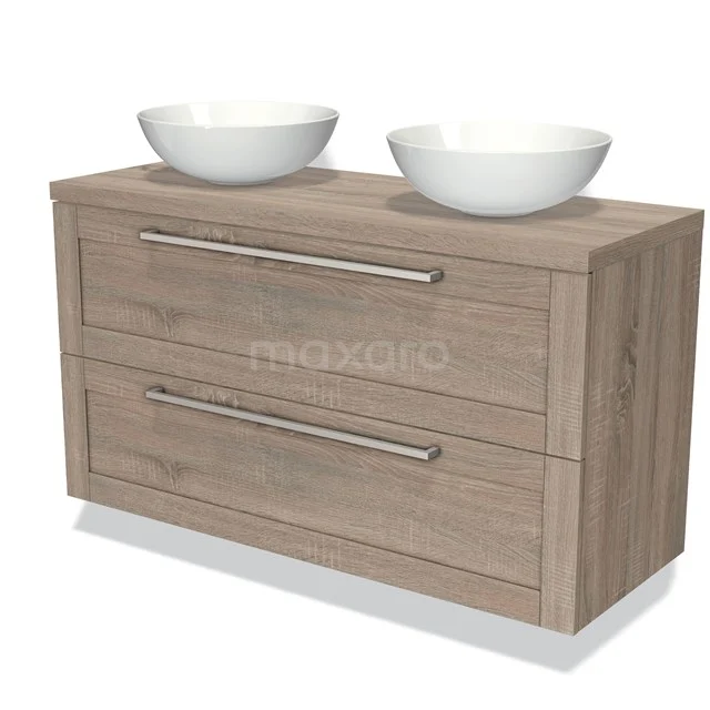 Wooden bathroom unit with two drawers, natural wood look, including double white countertop wash basins. Timeless design for modern bathrooms.