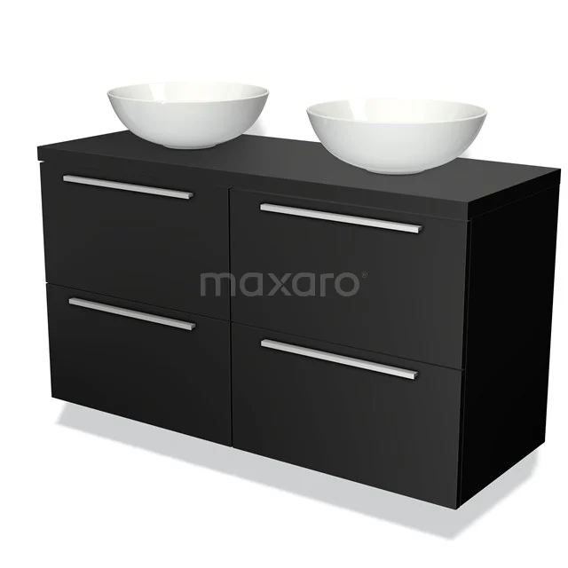 Zwarte badkamermeubelset met dubbele waskom, strak design en chromen handgrepen, ideaal voor moderne badkamers.