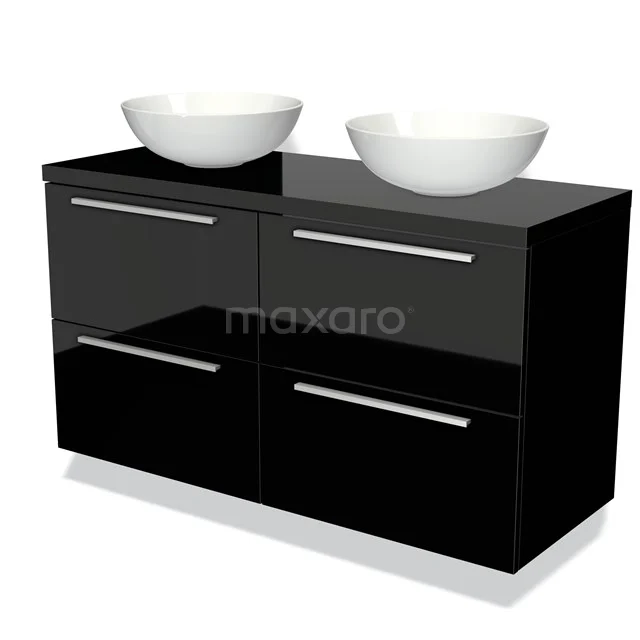 Waschtischunterschrank mit Konsole 120cm Modulo Plato Hochglanz Schwarz 4 Schubladen Flach BMK18-00007 Schwarze Badmöbelset mit Doppelwaschbecken, glänzender Oberfläche und modernem Design, ideal für ein stilvolles Badezimmer.
