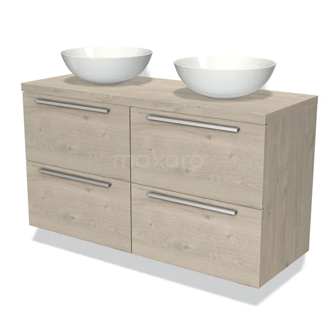 Wooden bathroom unit with 4 drawers, light wood colour, 2 white oval countertop wash basins and metal handles, modern design.