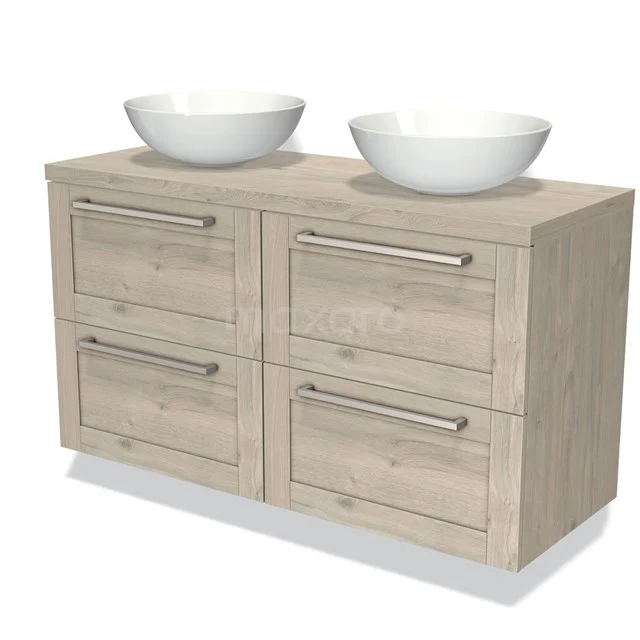 Wooden bathroom unit with double countertop wash basins and four drawers, modern design in light wood, ideal for stylish bathroom design.