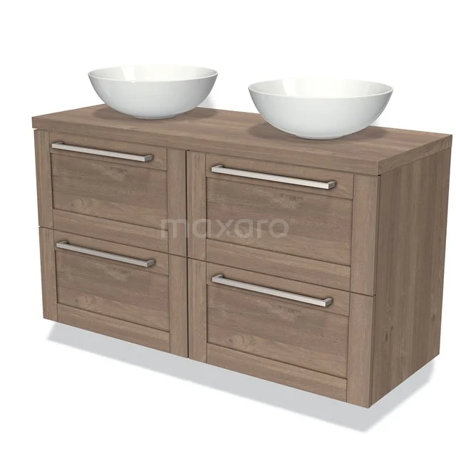 Houten badkamermeubel met twee witte waskommen, 4 lades en een strak design, perfect voor een moderne badkamerstijl.