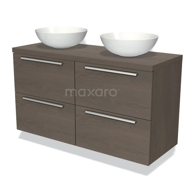 Dunkelholz Badezimmermöbel mit doppelten weißen Aufsatzwaschbecken, vier Schubladen und stählernen Haltegriffen, modernes und funktionales Design.