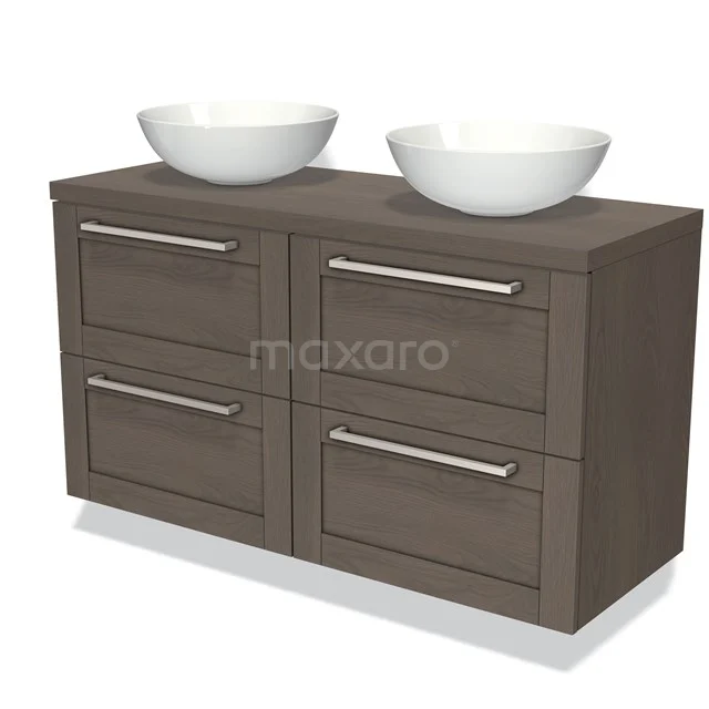 Badmöbel für Aufsatzwaschbecken 120cm Modulo Plato dunkelbraune Eiche 4 Schubladen Rahmen BMK18-00017 Hölzernes Badezimmermöbel mit Doppelwaschbecken, vier Schubladen und metallischen Haltegriffen, ideal für moderne Badezimmergestaltung.