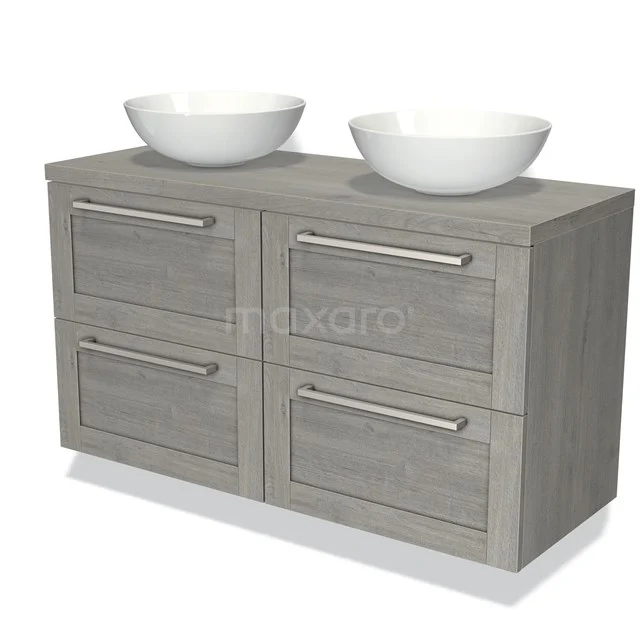 Grijze houten badkamermeubelset met vier lades en twee witte waskommen, modern ontwerp voor een stijlvolle badkamer.