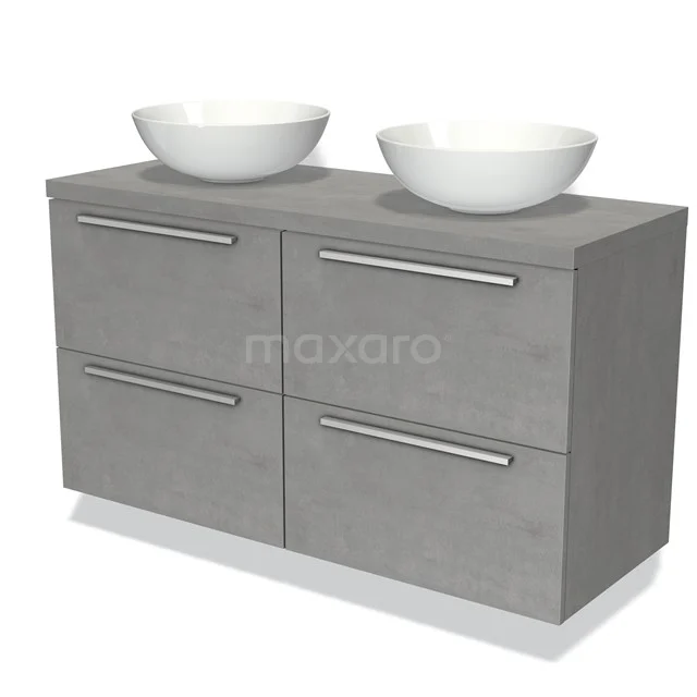 Grey vanity set with double basin bowls, concrete-look finish and chrome handles for modern bathroom style.