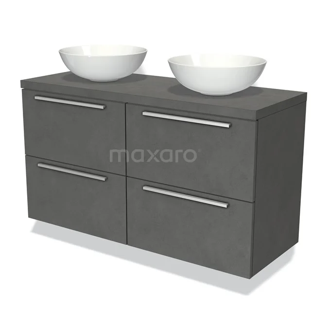 Graue Badmöbelset mit doppeltem Aufsatzwaschbecken, vier Schubladen und schickem Design, ideal für moderne Bäder.