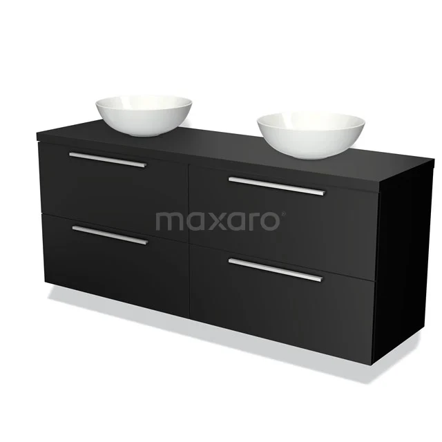 Zwarte badkamermeubelset met dubbele wastafels en chrome handgrepen, modern design van duurzame materialen.