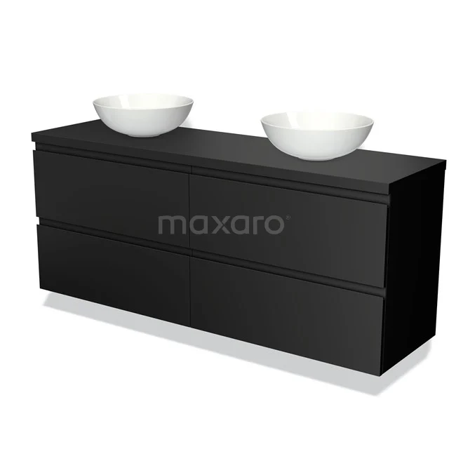 Zwart badkamermeubel met dubbele wastafel, modern design, vier lades, geschikt voor een stijlvolle en functionele badkamer.