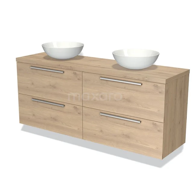 Houten badkamermeubel met dubbele wasbak, vier ladekasten en chromen handgrepen; moderne uitstraling voor elke badkamer.