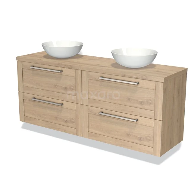 Holz Badezimmermöbel mit Eiche-Look, vier Schubladen und zwei runden weißen Aufsatz Waschbecken, ideal für ein modernes Badezimmer.