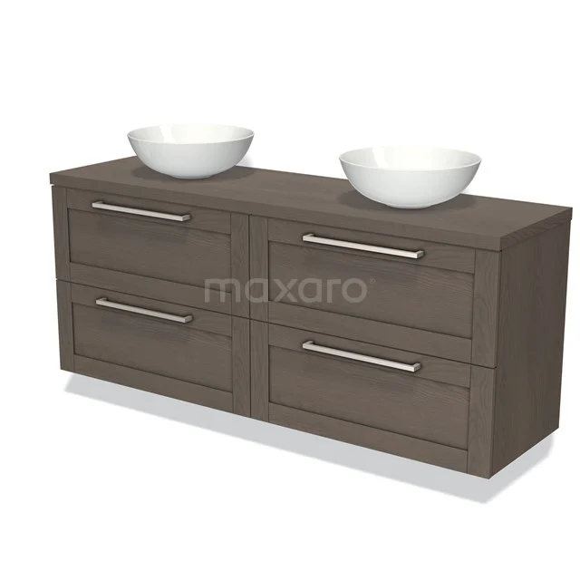 Modulo Plato Vanity units for countertop basin | 160 cm Dark brown oak Bordered front Dark brown oak worktop 4 drawers BMK18-00038 Brown wooden bathroom unit with four drawers and two white vanity units for countertop wash basins, suitable for a modern bathroom.
