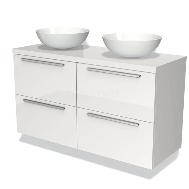 Modulo Plato Badmöbel mit Aufsatzwaschbecken | 120 cm Hochglanz Weiß Flach front Hochglanz Weiß blatt 4 Schubladen BMK18-00043 Weißes Badezimmermöbel mit vier Schubladen und zwei runden Waschbecken, glänzend verarbeitet, ideal für moderne Badezimmergestaltung.