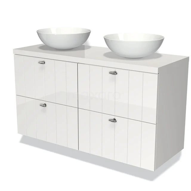 Witte dubbele wastafelmeubel met hoogglans afwerking, vier lades en keramische waskommen, ideaal voor moderne badkamers.