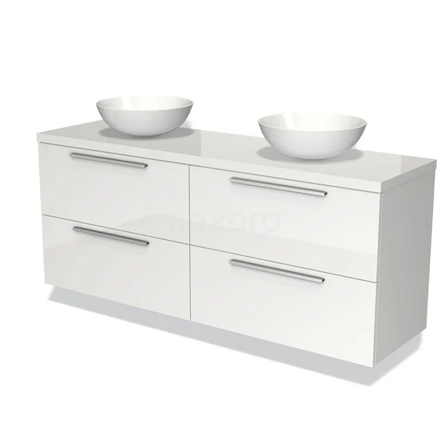 High-gloss white bathroom unit with double basin and chrome handles, modern design with four spacious storage drawers.