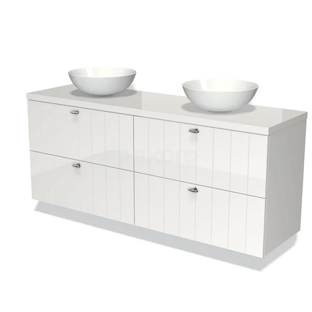 Weißes Holz-Badmöbel mit doppeltem Aufsatzwaschbecken, modernes Design, ideal für stilvolle Badezimmergestaltung.