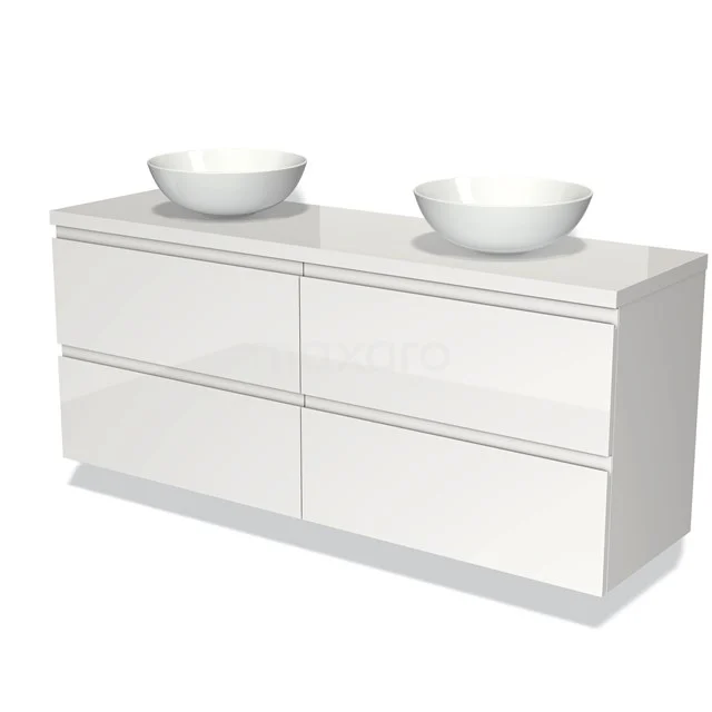 Weißes Hochglanz-Badmöbel mit Doppelwaschbecken und grifflosem Schubladen, modernes Design.