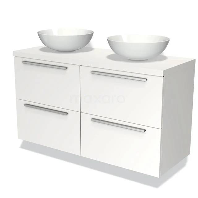 Wit badkamermeubel met vier lades, dubbele ronde waskommen en metalen grepen, modern design en strak afgewerkt.
