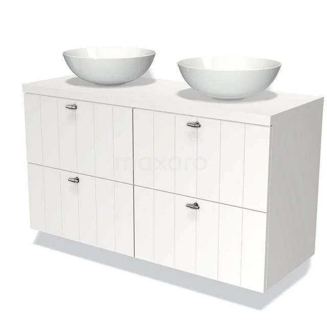 Weiße Badmöbelset mit doppelten Aufsatzwaschbecken, Holzpaneelen und Soft-Close-Schubladen, ideal für einen modernen Badezimmerstil.