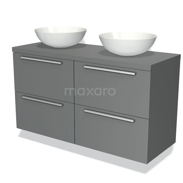 Grey double bathroom unit with 4 drawers and 2 white basin bowls, modern design with metal handles.