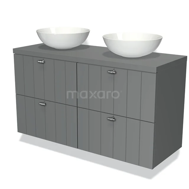 Grey wooden bathroom furniture set with two round white countertop wash basins and four drawers, ideal for modern bathroom storage.