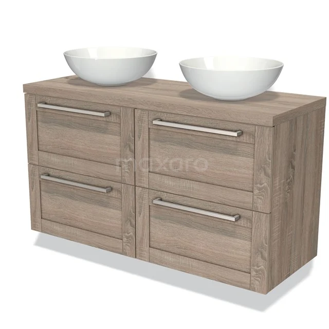 Wooden bathroom unit with four drawers, double white vanity units with basin, modern design, ideal for stylish bathroom space.