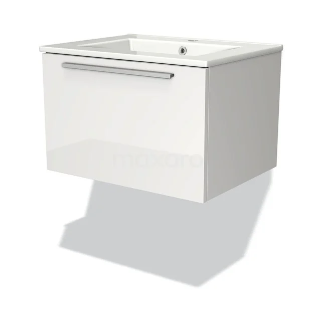 Weiße, schwebende Badmöbel mit einem einzelnen quadratischen Waschbecken und chromfarbener Haltegriff, schlichtes Design für moderne Bäder.