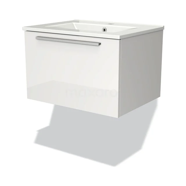 Weißes hängendes Badmöbel mit Schublade, glänzender Oberfläche und integriertem Waschbecken, modernes Design für stilvolle Bäder.