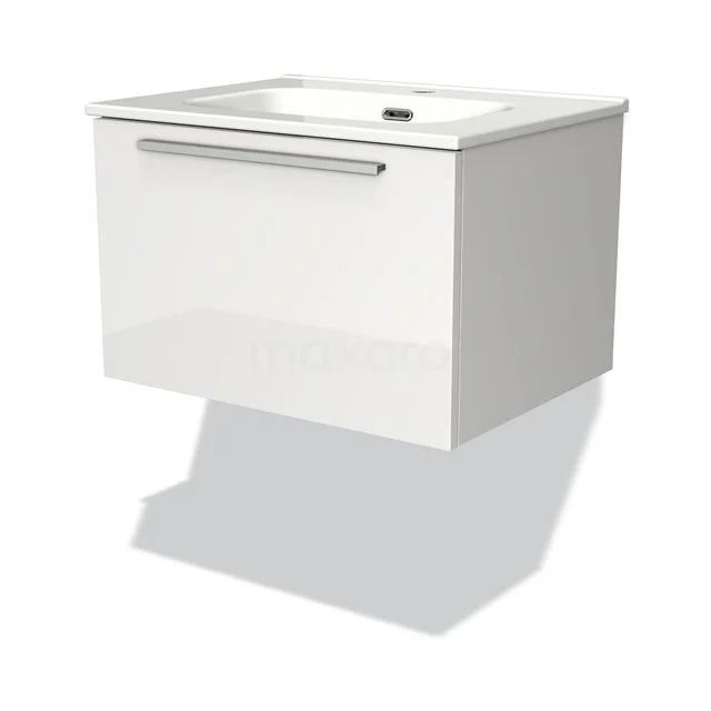 Weißes schwebendes Badezimmermöbel mit Schublade, modernes Design und chromfarbener Haltegriff, perfekt für einen klaren Badezimmerstil.