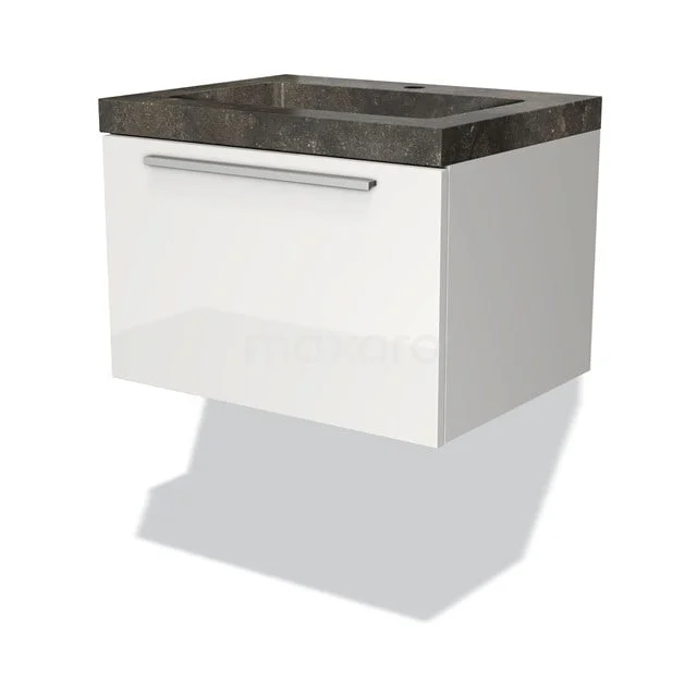 Weißes hängendes Badezimmermöbel mit Hochglanzoberfläche, Steinlook Waschbecken und metallischem Haltegriff für einen modernen Badezimmerstil.