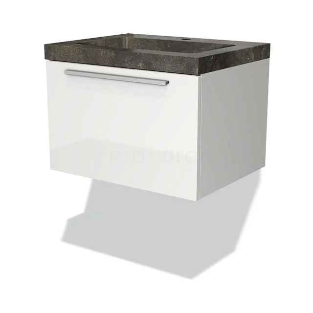 White hanging bathroom unit with high-gloss finish, stone-look basin and metal handle for a modern bathroom style.