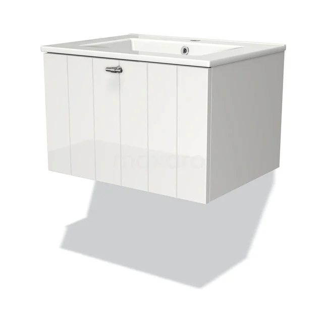 Modulo Bathroom furniture with sink | 60 cm High-gloss white Slat front Ceramic 1 drawer BMW11-00012 White basin base cabinet with paneled doors, hanging design, perfect for a sleek and modern bathroom style.