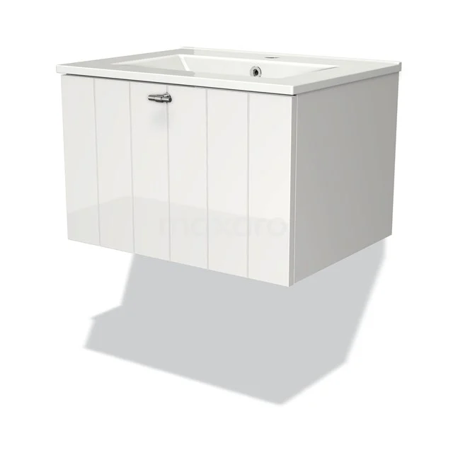 Modulo Bathroom furniture with sink | 60 cm High-gloss white Slat front Ceramic 1 drawer BMW11-00014 White wall-mounted bathroom cabinet with grooves, one silver handle and ceramic basin, modern and compact design.