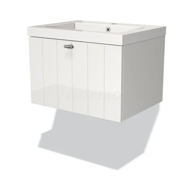 White hanging bathroom unit with wooden slats, one drawer and integrated vanity units with basin, ideal for modern bathroom design.