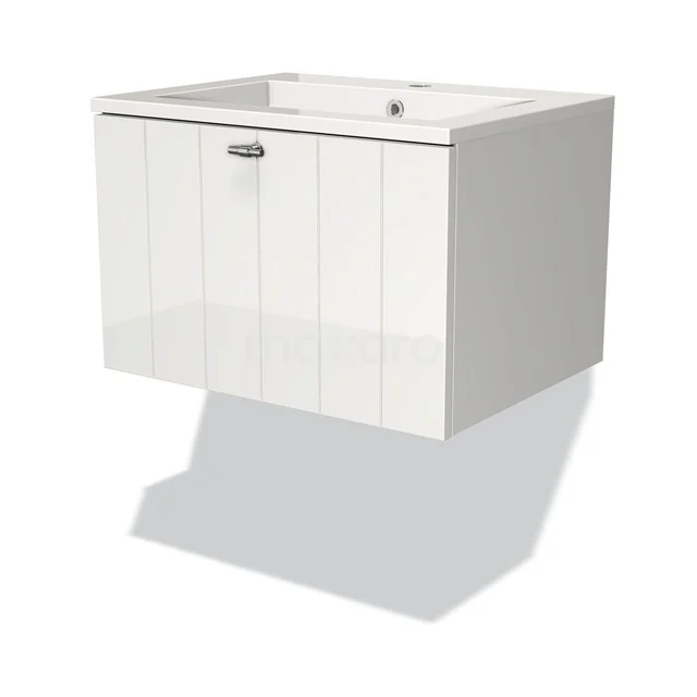 White wall unit with drawers and tap hole, ideal for a modern bathroom. Made of wood with vertical grooves.