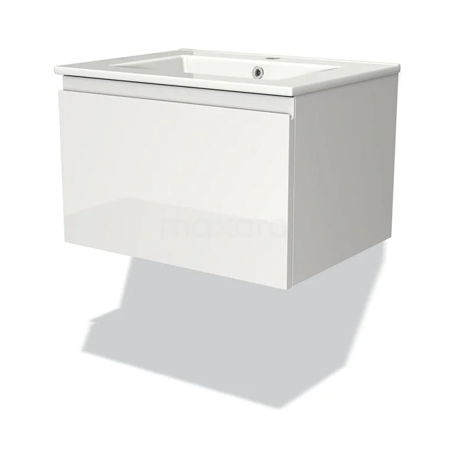 Hanging bathroom unit in glossy white finish, compact shape with integrated vanity units with basin for modern bathroom style.