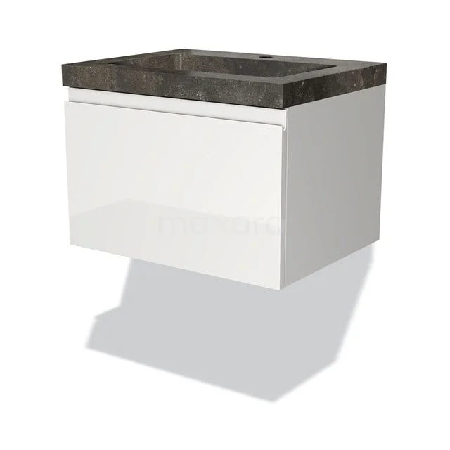 Weißes schwebendes Badmöbel mit Schublade, schwarzer Steine Waschtischplatte, ideal für moderne Bäder.