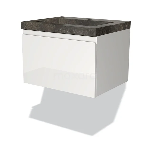 Weißes schwebendes Badmöbel mit Schublade, schwarzer Steine Waschtischplatte, ideal für moderne Bäder.