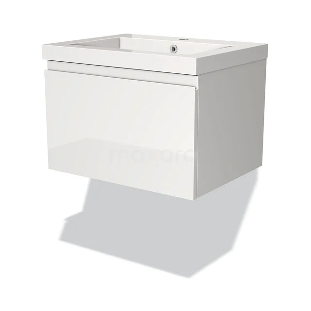Weißes hängendes Badezimmermöbel mit Schublade, glänzender Oberfläche und modernem Design, ideal für eine stilvolle Badezimmergestaltung.