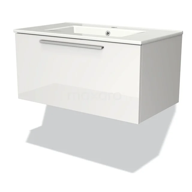 Weißes hängendes Badmöbel mit glänzender Oberfläche und integriertem Waschbecken, modernes Design.