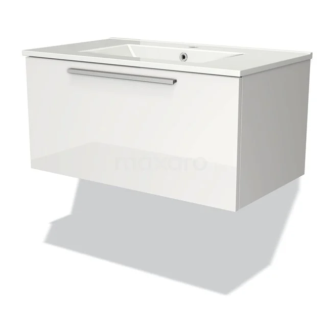 White, glossy wall unit with soft-close drawers and integrated basin, ideal for modern bathroom design.